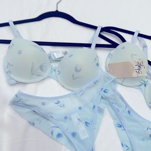 NWT Blue Sheer Colombian Bra & Thong Set 34B / M Thong